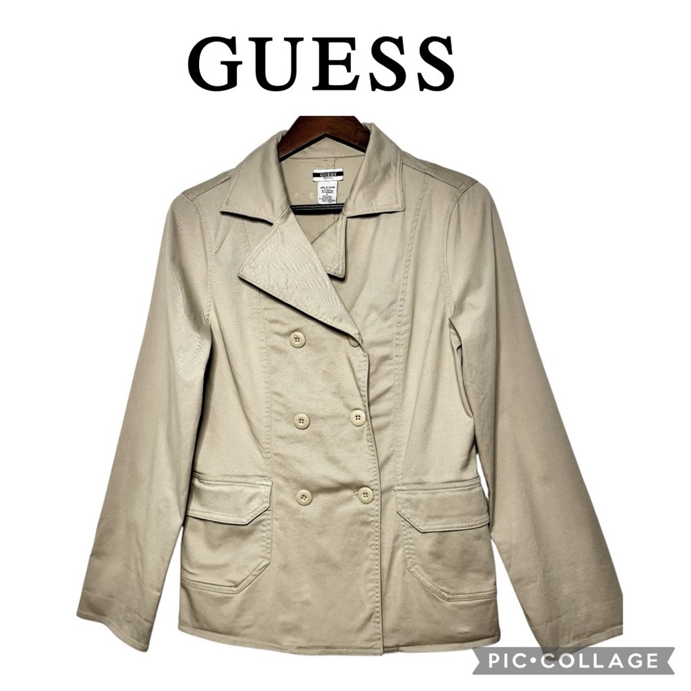 Guess women Khaki Short Trench Coat double breasted jacket Size Large